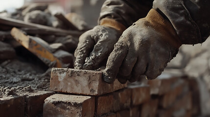 Construction Worker Laying Bricks
