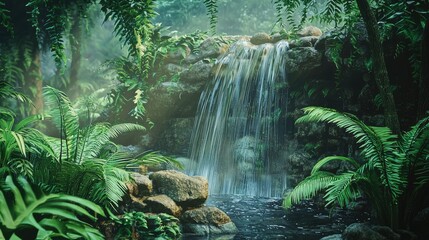 A peaceful rainforest scene with a little waterfall cascading down rocks, creating a calming mist that shrouds the surrounding ferns and vines.
