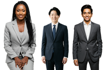 Studio portrait of three young diverse professionals, a Black woman, an East Asian man, and a South Asian man, wearing business suits against a transparent background.