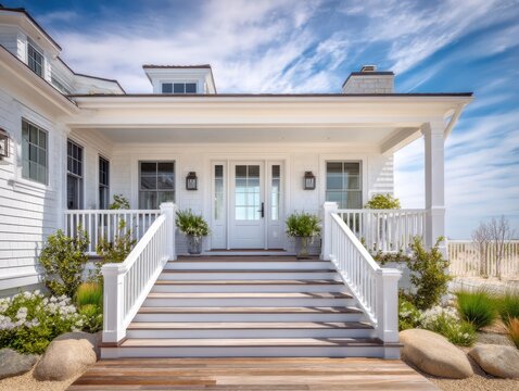 Inviting front porch of a luxury coastal home, showcasing architectural details and landscaping under a bright blue sky, exterior view