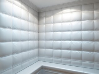 Padded cell corner detail close up view featuring white walls and seat in a mental health facility or institution
