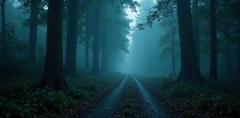 Obraz premium Fog-laden path through spooky woods, dim light , orange, yellow