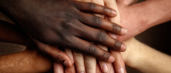 Fototapeta premium Diverse Hands Stacked Together Close Up Shot Showing Unity and Teamwork in a Macro Style with Different Skin Tones
