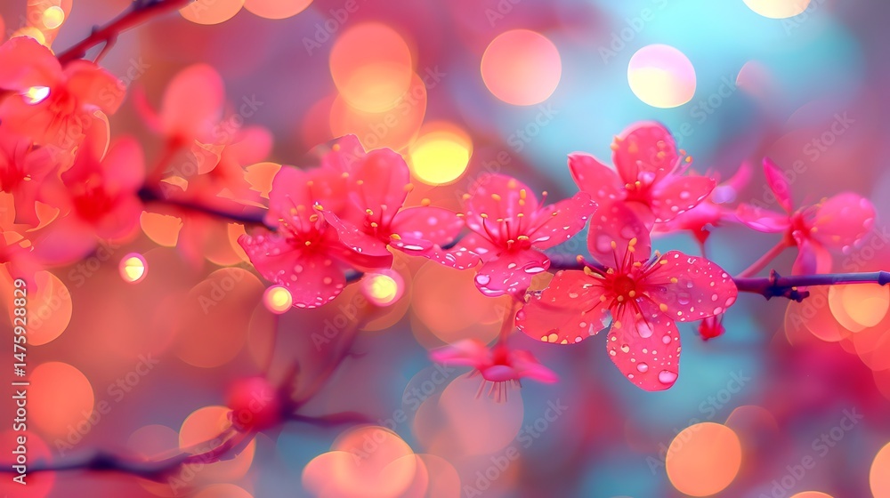 Poster pink cherry blossom branch with bokeh effect on a soft focus background