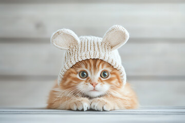 Cute kitten bunny hat with wooden background.