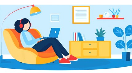 Relaxing at Home: Woman Working Remotely in Comfortable Chair