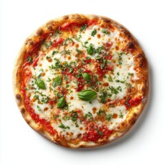 Overhead shot of a freshly baked Margherita pizza with basil garnish on a white background studio food photography
