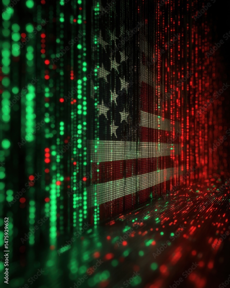 Poster american flag digital matrix abstract patriotic symbolism red and green data stream visual represent