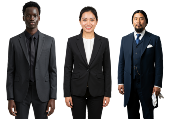 Three diverse professionals, including a young Black man, a young Asian woman, and a middle-aged Asian man, standing in business suits against a transparent background