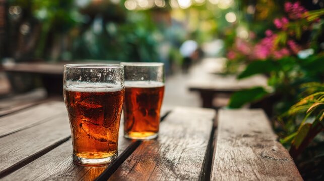 Two refreshing pints of beer on wooden table in outdoor garden setting close up shot perfect for summer relaxation