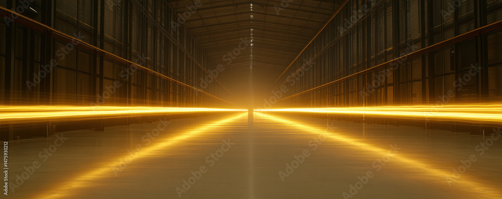 Poster a long, empty hallway with a yellow light shining down on it. the light is creating a warm, inviting