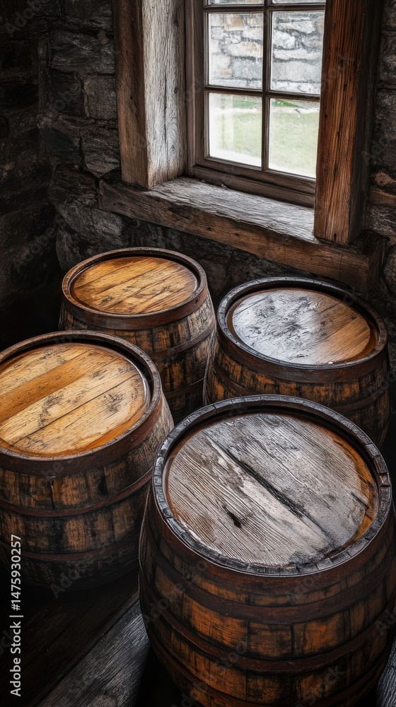 Poster four whiskey barrels in a stone cellar near a window in a rustic style with warm light
