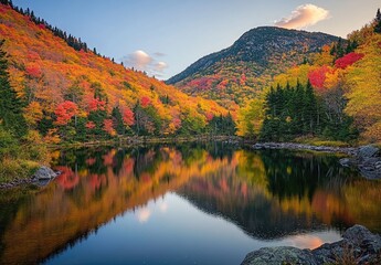 Autumnal mountain lake reflecting vibrant foliage