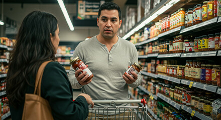 Customers comparing products while shopping in supermarket
