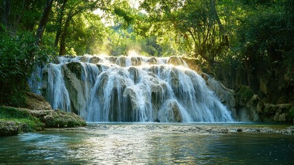 Obraz premium A peaceful waterfall in the middle of a lush forest, with mist rising from the water as it crashes into a tranquil pool below.