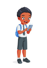 Cute little smiling African American boy in school uniform staring excitedly at his cell phone. Cartoon vector illustration.
