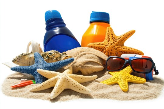 Summer beach items on a pile of sand