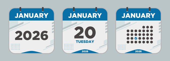 Modern Calendar icon. January. 2026 20 day. The concept of waiting for an important date. Day calendar with date January 20. Cheklist day calendar. Vector illustration.