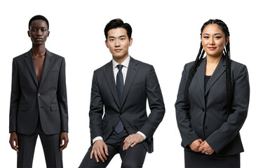Studio portrait of three diverse business professionals, including a Black female, East Asian male, and East Asian female, wearing dark grey suits against a transparent background.