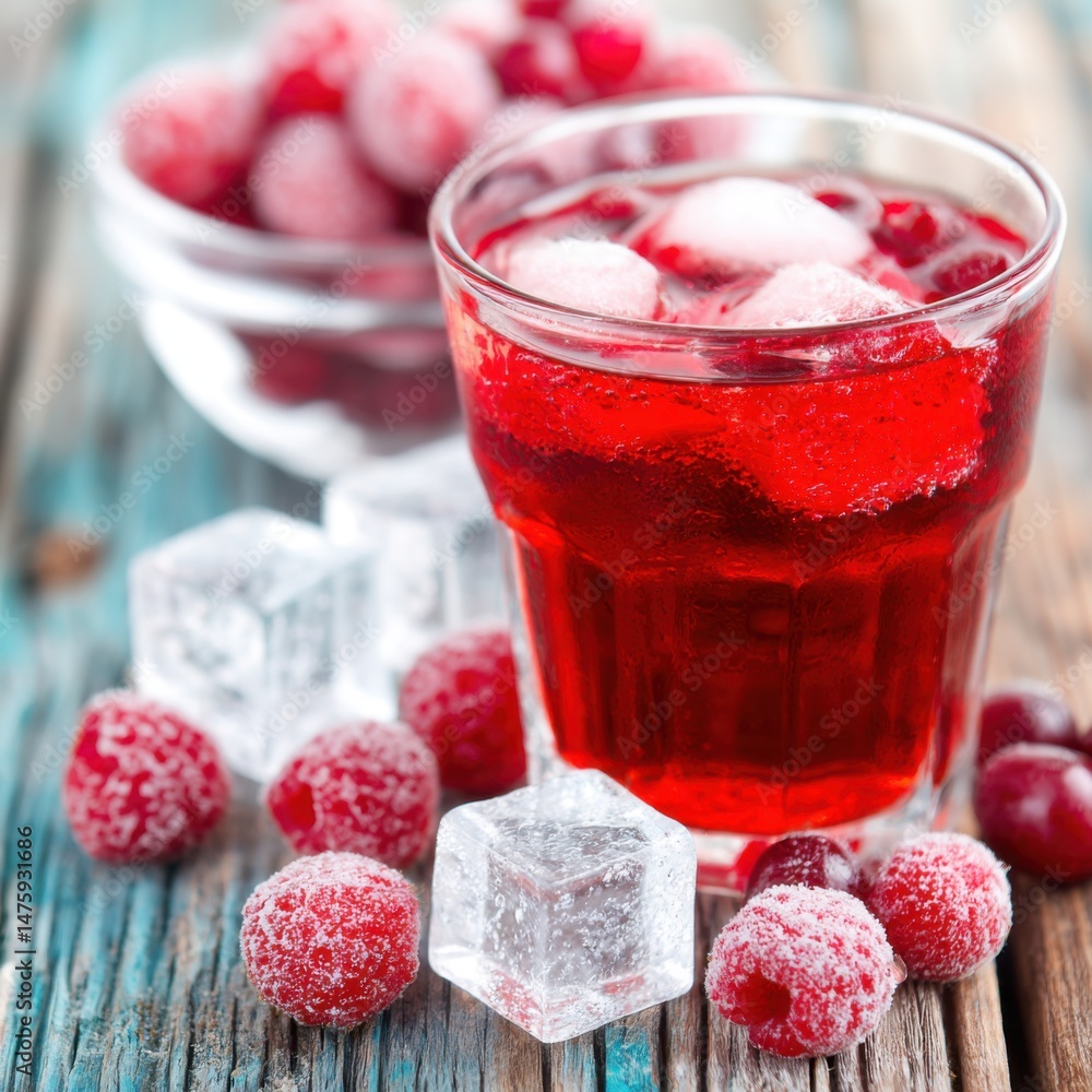 Poster refreshing raspberry drink with ice cubes in glass on rustic wooden table top view refreshing summer