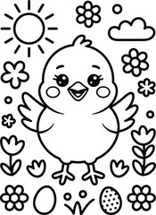 Obraz premium Cute cartoon chick with open wings surrounded by flowers cloud and sun black and white illustration.