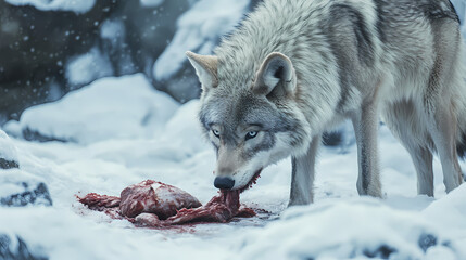 Obraz premium Wild gray wolf feeding on meat in snow amidst a frozen landscape. [Cursed Menagerie] | Frostfur Nest | frozen breath. Illustration