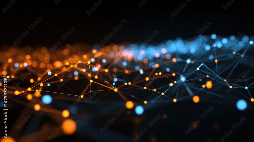 Poster abstract network visualization showing connection points and lines in orange and blue tones on a dar