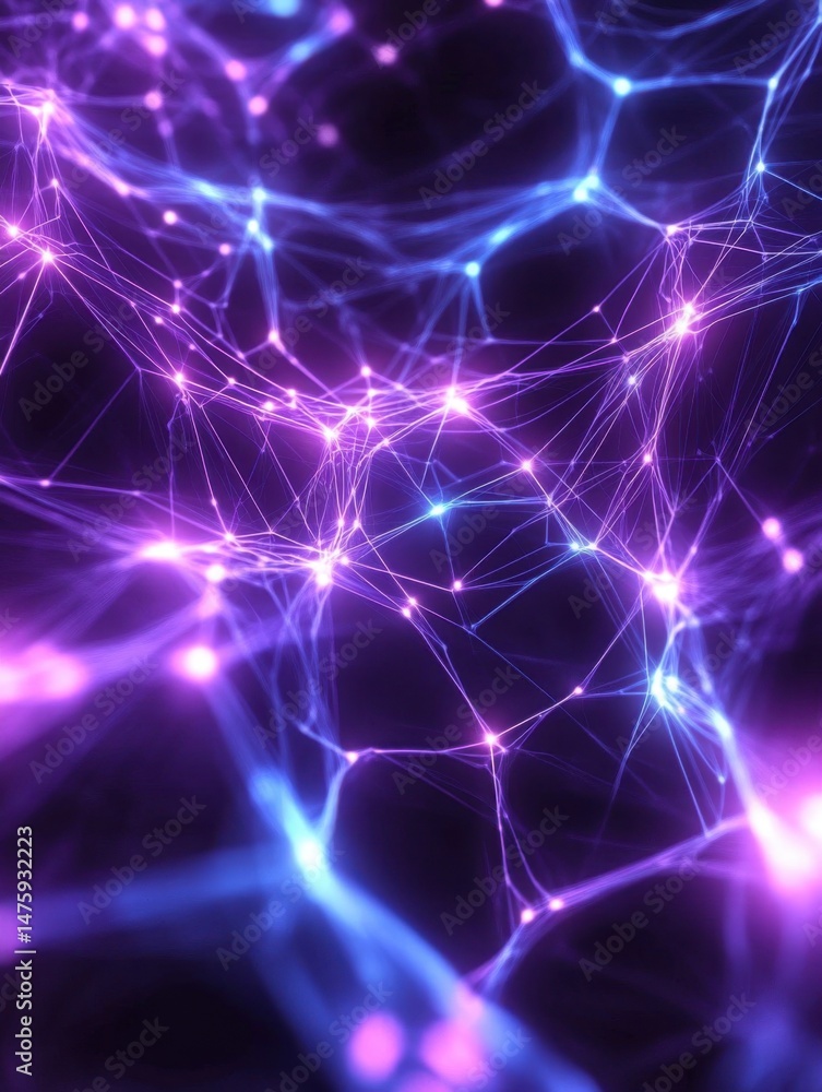Poster abstract network connection with glowing nodes in purple and blue colors representing data flow and 