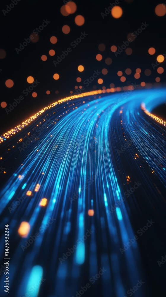 Poster abstract data stream visualization of digital information flowing in a network with bokeh lights and