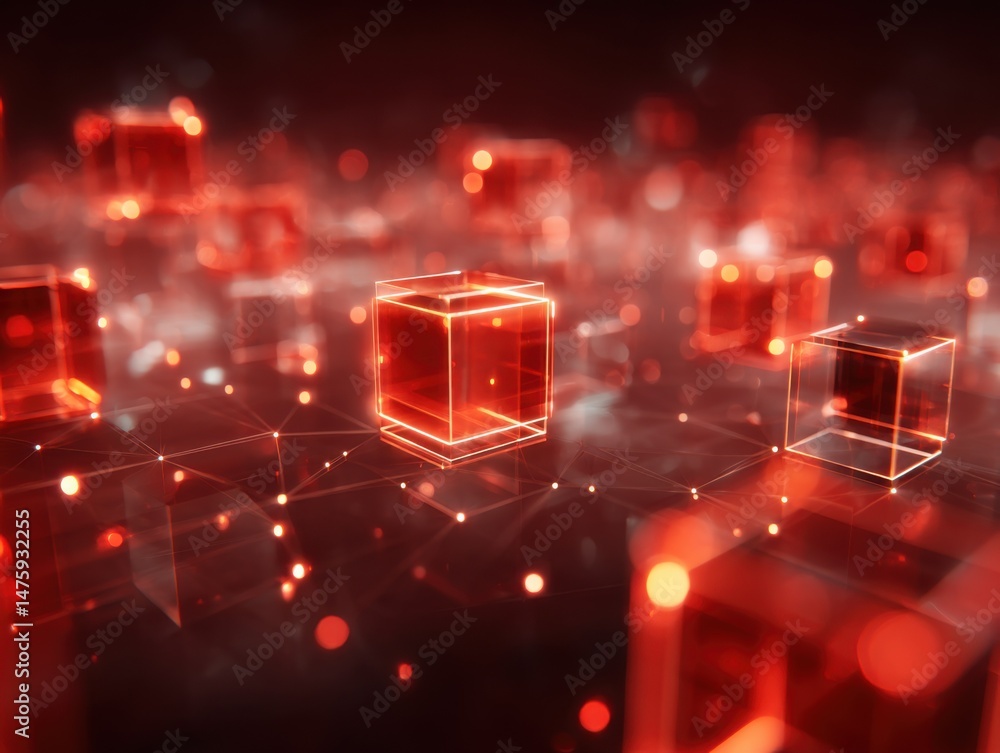 Poster abstract red cubes floating on connected network nodes, digital art style, futuristic technology con