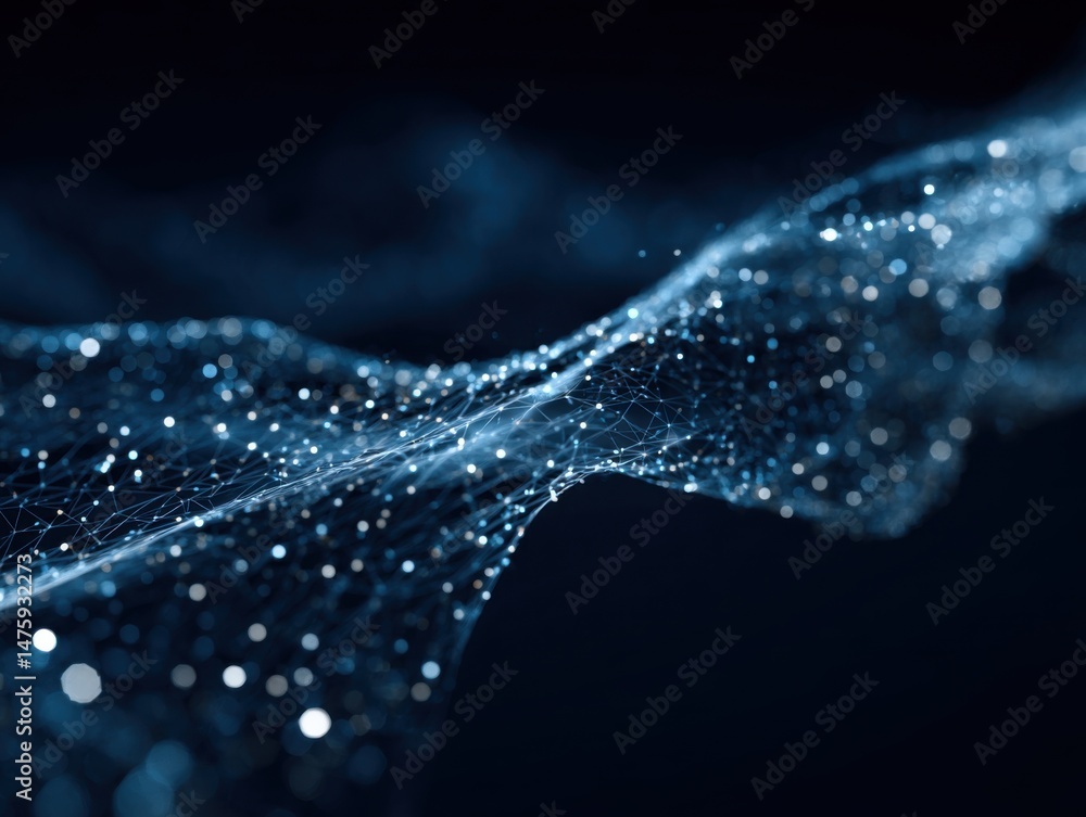 Poster abstract network visualization with glowing nodes and connecting lines on dark blue background futur