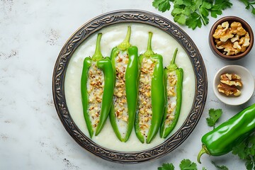 Stuffed Green Peppers with Walnuts on Ornate Plate Top View, Healthy Food Still Life