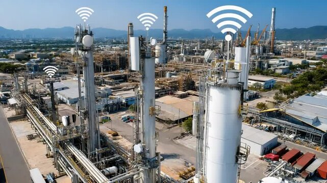 Industrial Wireless Network: A sweeping aerial view of a sprawling industrial complex, highlighting the critical role of a wireless network in connecting modern manufacturing facilities.