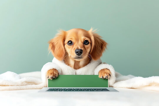 Cute Puppy Laptop Green Background.
