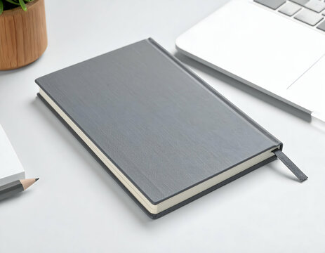Gray Notebook On Light Desk With Laptop
