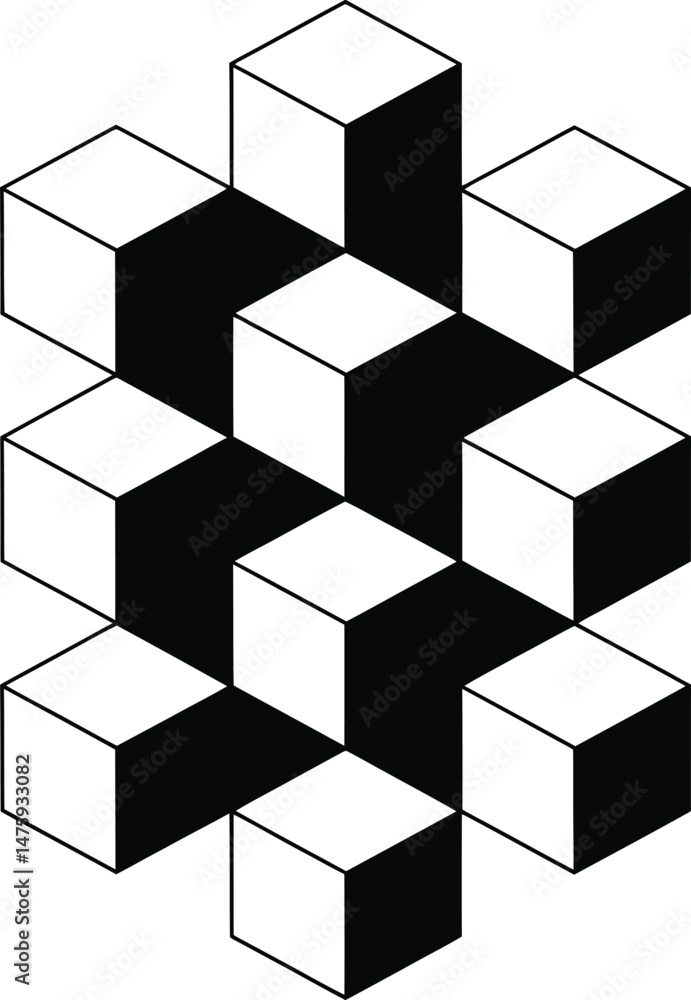 Poster abstract geometric pattern of interlocking cubes in monochrome for design elements