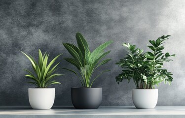 Three potted plants against a textured wall