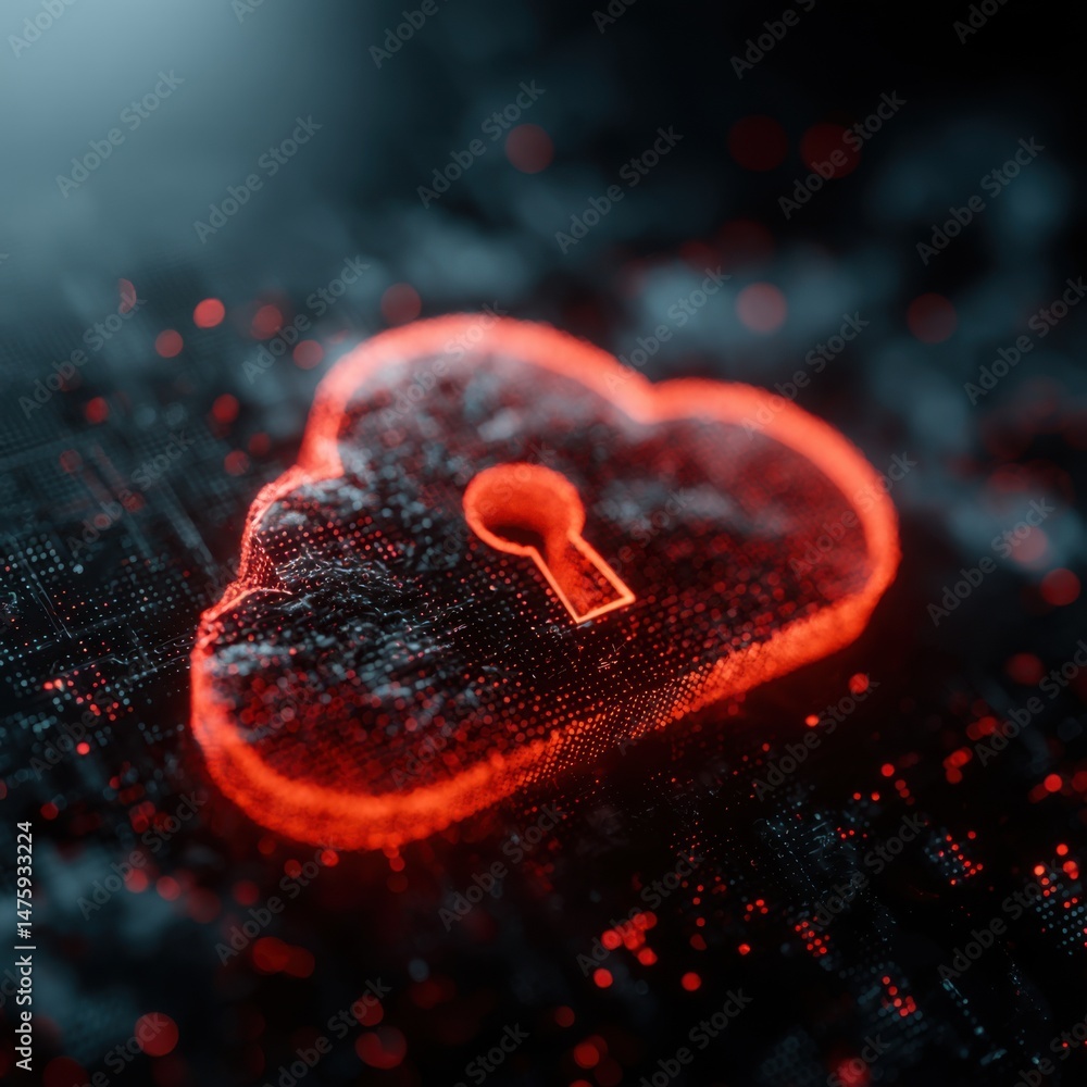 Poster cloud security conceptual illustration of data protection with a red glowing cloud and keyhole on a 