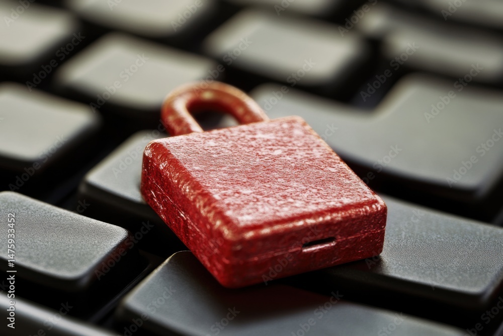 Poster red padlock resting on black computer keyboard keys close up studio shot symbolizing security and da