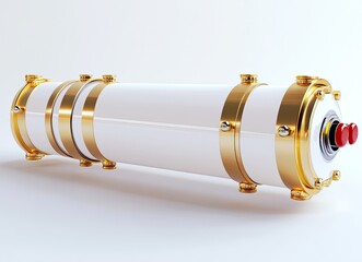 White Cylinder with Shiny Golden Rings, Steel Interior, and Two Red Buttons
