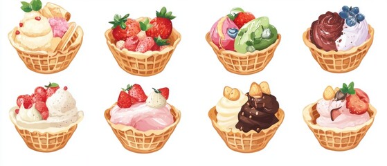 Delicious Ice Cream Waffle Bowls Assortment Isolated on White Background Sweet Treats Desserts Flavors Variety Close Up Still Life Food Photography