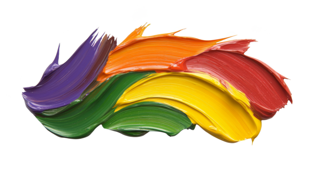 Vibrant rainbow paint brush stroke on white canvas, a colorful art design element