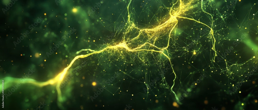 Poster abstract neural network visualization with glowing connections and green background macro shot