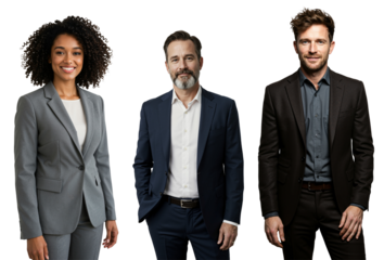Three diverse business professionals, including a young adult Black woman and two men (one middle-aged, one young adult), smiling and standing in suits against a transparent background.