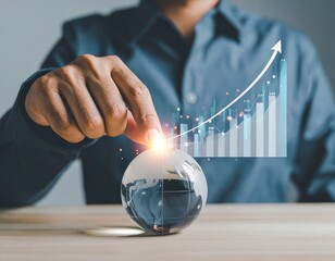 A man in a business suit stands confidently, raising his hand to point at a colorful graph displayed atop a transparent glass globe, symbolizing global data trends.