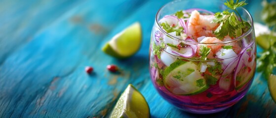 Refreshing Ceviche Cocktail with Shrimp and Lime on a Vibrant Blue Wood Tabletop Close Up Food Photography