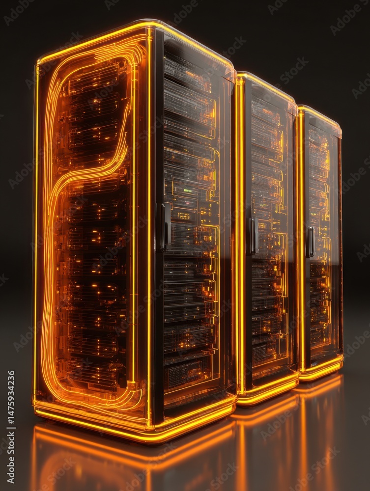 Poster futuristic server racks in data center glowing orange perspective view for cloud computing and infor