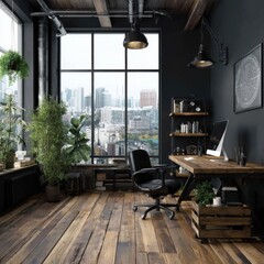 Fototapeta premium Loft office interior design showcasing rustic desk, black walls, city view, natural light, plants, and hardwood floor