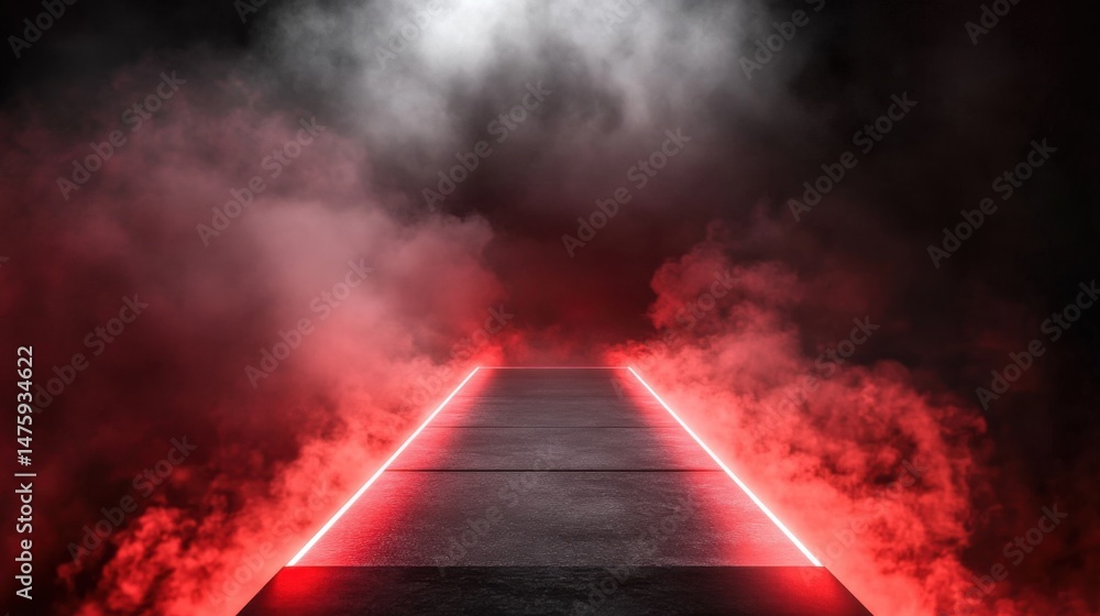 Poster red neon platform in fog abstract background studio shot dramatic perspective for product placement 