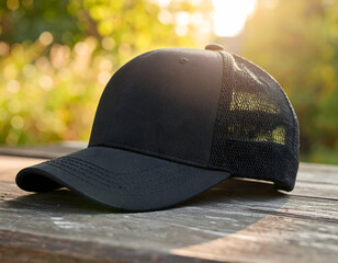 Black Baseball Cap With Water Droplets On Wooden Table